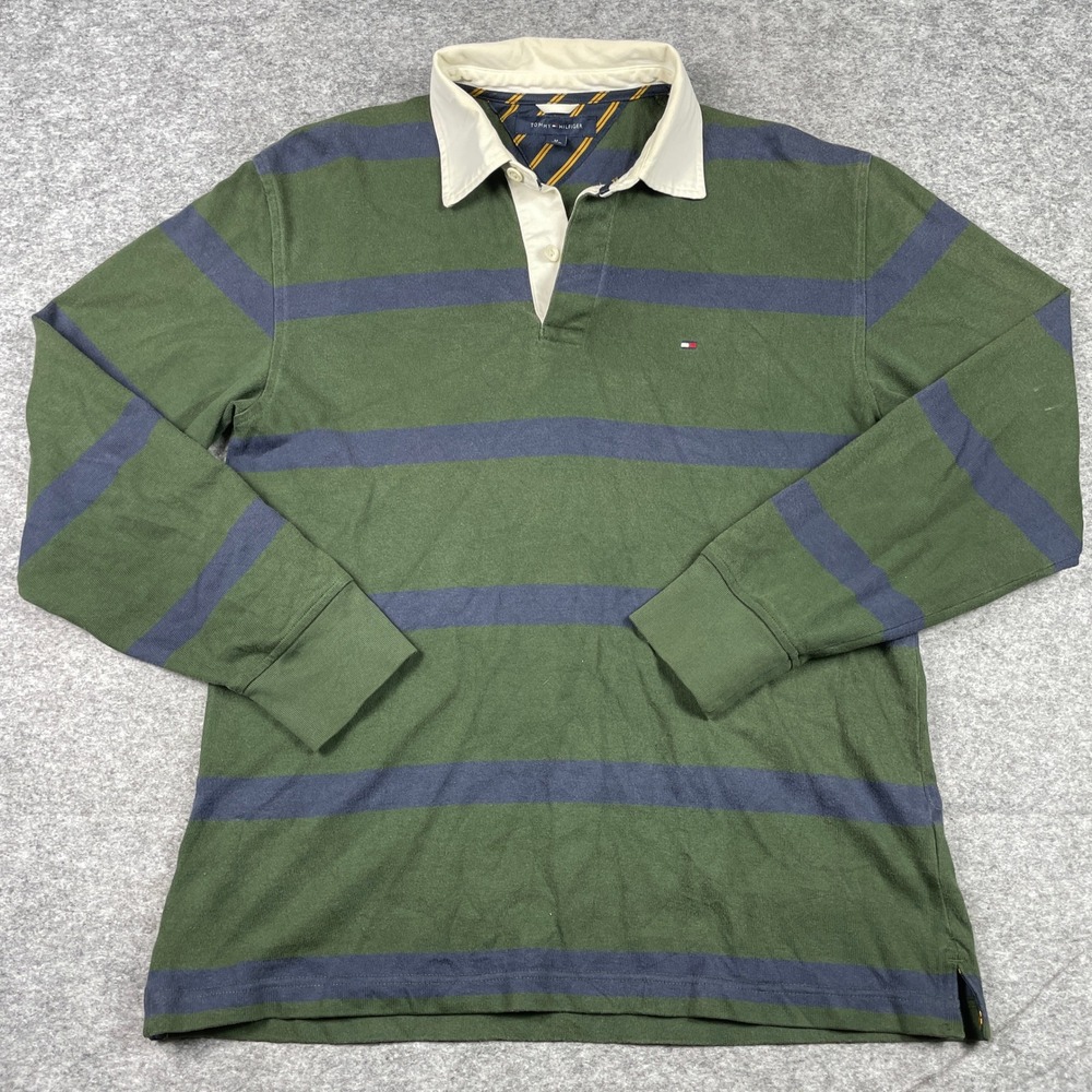 Tommy Hilfiger Rugby Shirt Mens M Green Striped Long Sleeve Cotton Preppy Y2K